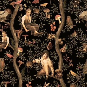 Antique Spooky Halloween Aesthetic Wallpaper: Nostalgic Dreaming Little Forest Boys in Goth Woodland Chinoiserie black