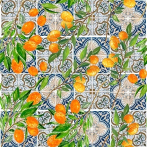 Orange Cumquat Fruit Branches on Colorful hand painted mediteranean tiles