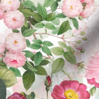 Nostalgic Pink Pierre-Joseph Redouté Roses And Dogroses, Antique Flower Bouquets,  vintage home decor, English Rose Fabric on white double layer
