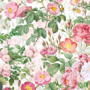 Nostalgic Pink Pierre-Joseph Redouté Roses And Dogroses, Antique Flower Bouquets,  vintage home decor, English Rose Fabric on white double layer