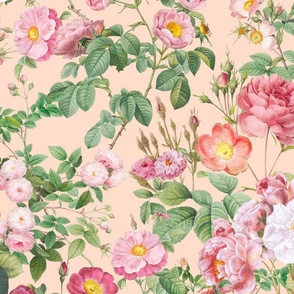 Nostalgic Pink Pierre-Joseph Redouté Roses And Dogroses, Antique Flower Bouquets,  vintage home decor, English Rose Fabric on light peach