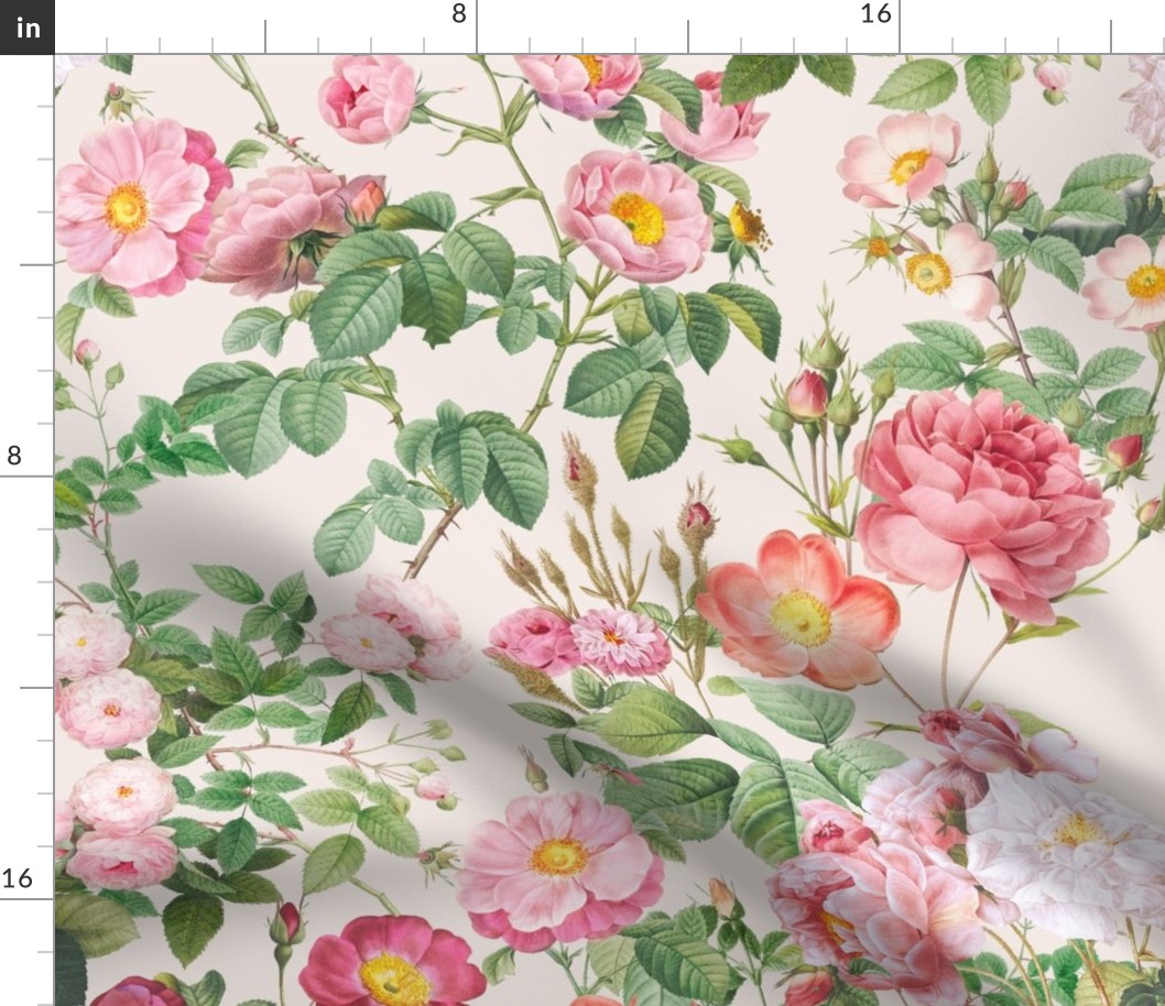 Redouté Roses Garden Flowers - Redouté fabric - Roses fabric - Vintage Rose fabric  blush