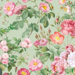 Nostalgic Pink Pierre-Joseph Redouté Roses And Dogroses, Antique Flower Bouquets,  vintage home decor, English Rose Fabric on light green