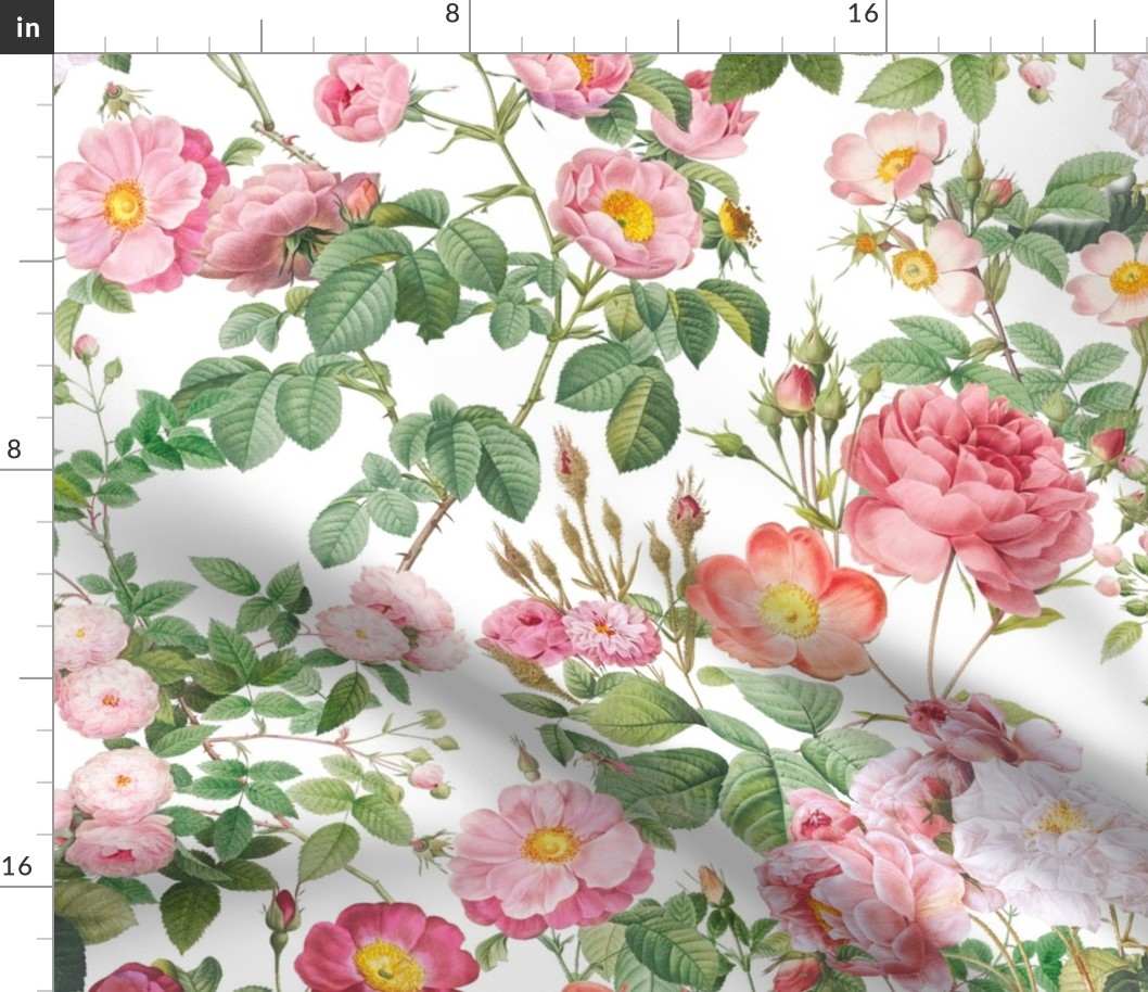 Nostalgic Pink Pierre-Joseph Redouté Roses And Dogroses, Antique Flower Bouquets,  vintage home decor, English Rose Fabric on white