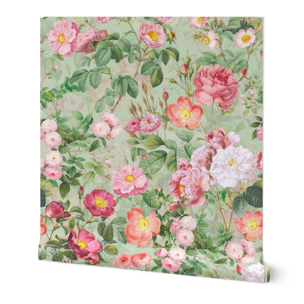 Nostalgic Pink Pierre-Joseph Redouté Roses And Dogroses, Antique Flower Bouquets,  vintage home decor, English Rose Fabric on light green double layer