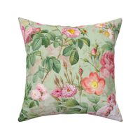 Nostalgic Pink Pierre-Joseph Redouté Roses And Dogroses, Antique Flower Bouquets,  vintage home decor, English Rose Fabric on light green double layer