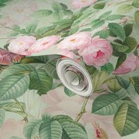 Nostalgic Pink Pierre-Joseph Redouté Roses And Dogroses, Antique Flower Bouquets,  vintage home decor, English Rose Fabric on light green double layer