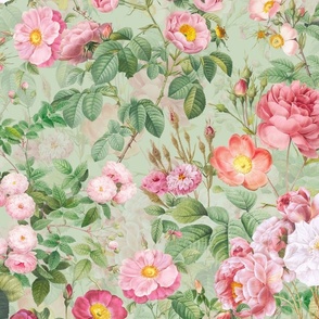 Nostalgic Pink Pierre-Joseph Redouté Roses And Dogroses, Antique Flower Bouquets,  vintage home decor, English Rose Fabric on light green double layer