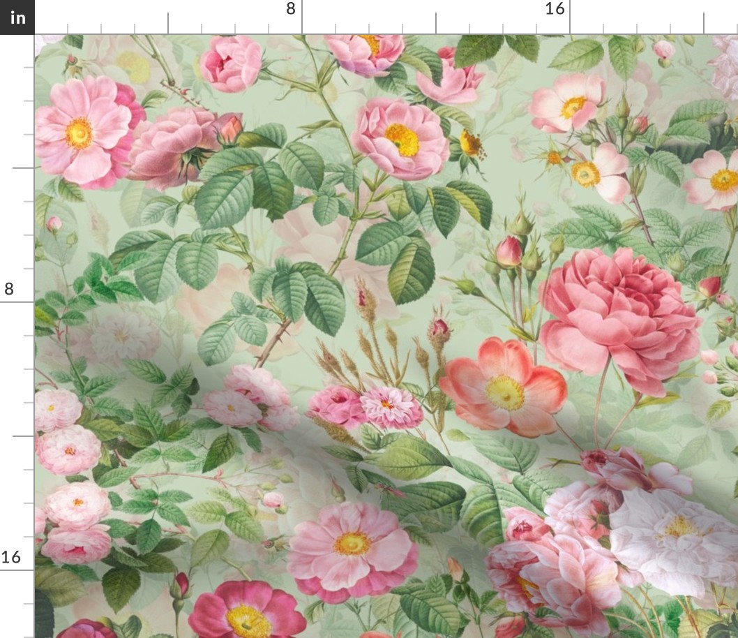 Nostalgic Pink Pierre-Joseph Redouté Roses And Dogroses, Antique Flower Bouquets,  vintage home decor, English Rose Fabric on light green double layer