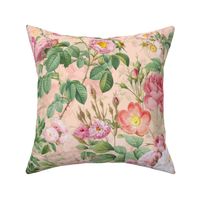 Nostalgic Pink Pierre-Joseph Redouté Roses And Dogroses, Antique Flower Bouquets,  vintage home decor, English Rose Fabric on light peach double layer