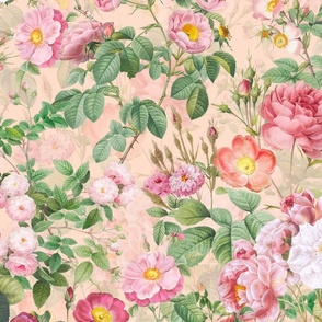 Nostalgic Pink Pierre-Joseph Redouté Roses And Dogroses, Antique Flower Bouquets,  vintage home decor, English Rose Fabric on light peach double layer