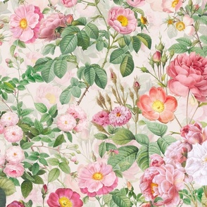 Nostalgic Pink Pierre-Joseph Redouté Roses And Dogroses, Antique Flower Bouquets,  vintage home decor, English Rose Fabric on light pink double layer