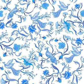 Antique Rococo Chinoiserie Tropical Flower Leaves With Vintage Animals Birds blue and white