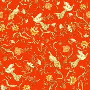 Antique Rococo Chinoiserie Tropical Flower Leaves With Vintage Animals Birds fire red