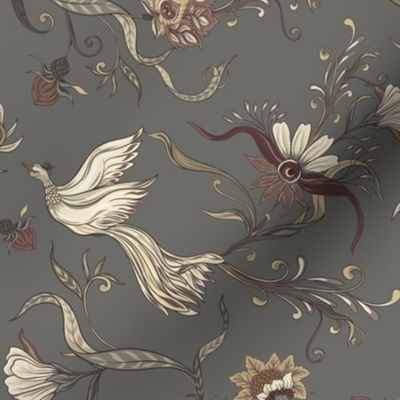 Antique Rococo Chinoiserie Tropical Flower Leaves With Vintage Animals Birds night gray