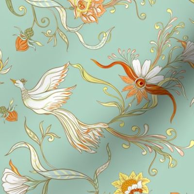 Antique Rococo Chinoiserie Tropical Flower Leaves With Vintage Animals Birds turquoise 