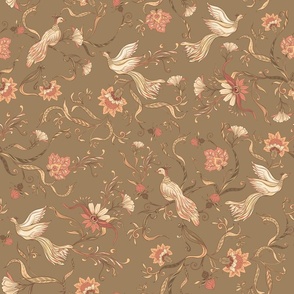 Antique Rococo Chinoiserie Tropical Flower Leaves With Vintage Animals Birds sepia brown