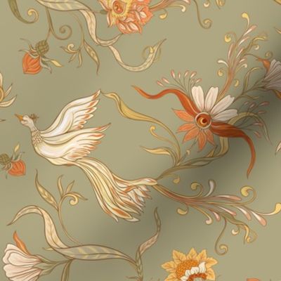 Antique Rococo Chinoiserie Tropical Flower Leaves With Vintage Animals Birds sepia green
