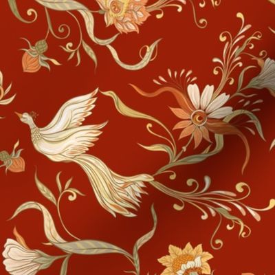 Antique Rococo Chinoiserie Tropical Flower Leaves With Vintage Animals Birds red
