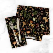 Nostalgic Autumn Vintage Dark Moody florals Botanical Psychadelic  Mushroom Wallpaper fabric, vintage home decor, antique wallpaper , Dark green Wild Forest Fabric, woodland fabric on black