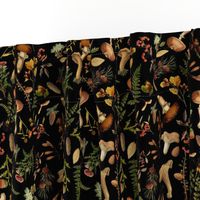 Nostalgic Autumn Vintage Dark Moody florals Botanical Psychadelic  Mushroom Wallpaper fabric, vintage home decor, antique wallpaper , Dark green Wild Forest Fabric, woodland fabric on black