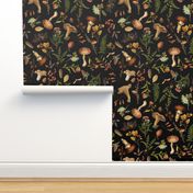 Nostalgic Autumn Vintage Dark Moody florals Botanical Psychadelic  Mushroom Wallpaper fabric, vintage home decor, antique wallpaper , Dark green Wild Forest Fabric, woodland fabric on black