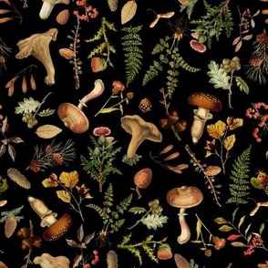 Nostalgic Autumn Vintage Dark Moody florals Botanical Psychadelic  Mushroom Wallpaper fabric, vintage home decor, antique wallpaper , Dark green Wild Forest Fabric, woodland fabric on black