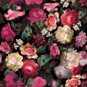 Vintage Summer Dark Night Romanticism:  Maximalism Moody Florals- Antiqued Flemish Blush Roses Peonies Bouquets Red Poppies Nostalgic - Gothic Mystic Night-   Antique Botany Wallpaper and Victorian Goth Mystic inspired- pink double layer on black