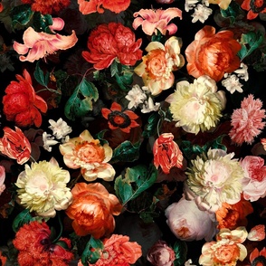 Vintage Summer Dark Night Romanticism:  Maximalism Moody Florals- Antiqued Flemish Blush Roses Peonies Bouquets Red Poppies Nostalgic - Gothic Mystic Night-   Antique Botany Wallpaper and Victorian Goth Mystic inspired -shiny  double layer on black