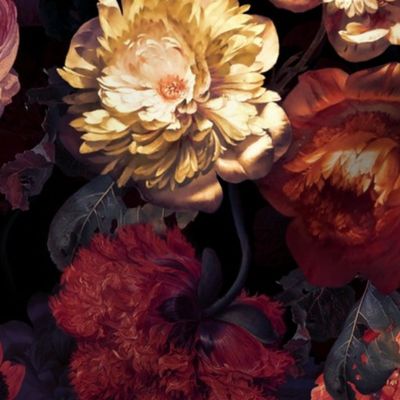 Vintage Summer Dark Night Romanticism:  Maximalism Moody Florals- Antiqued Flemish Blush Roses Bouquets Red Poppies Nostalgic - Gothic Mystic Night-  Antique Botany Wallpaper and Victorian Goth Mystic inspired
