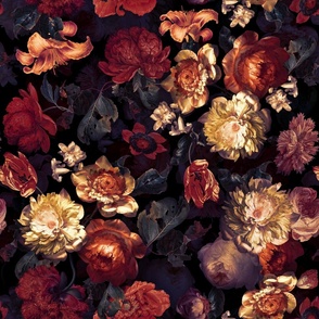 Vintage Summer Dark Night Romanticism:  Maximalism Moody Florals- Antiqued Flemish Blush Roses Bouquets Red Poppies Nostalgic - Gothic Mystic Night-  Antique Botany Wallpaper and Victorian Goth Mystic inspired