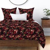 Dramatic Glamour  Dark Fall Flowers real colorful flower fabric- autumn fabric on dramatic black