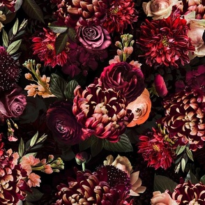 Dark Fall Flowers real colorful flower fabric- autumn fabric on black