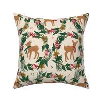 Woodland animals deer Christmas  on beige background with wreath berries