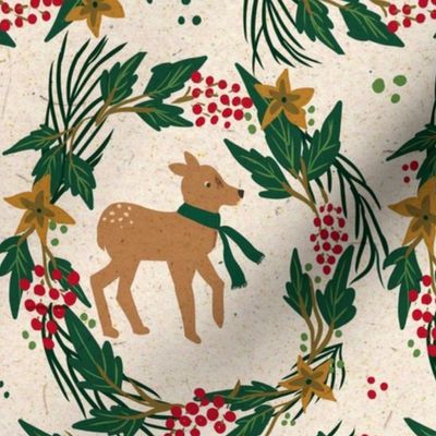 Woodland animals deer Christmas  on beige background with wreath berries