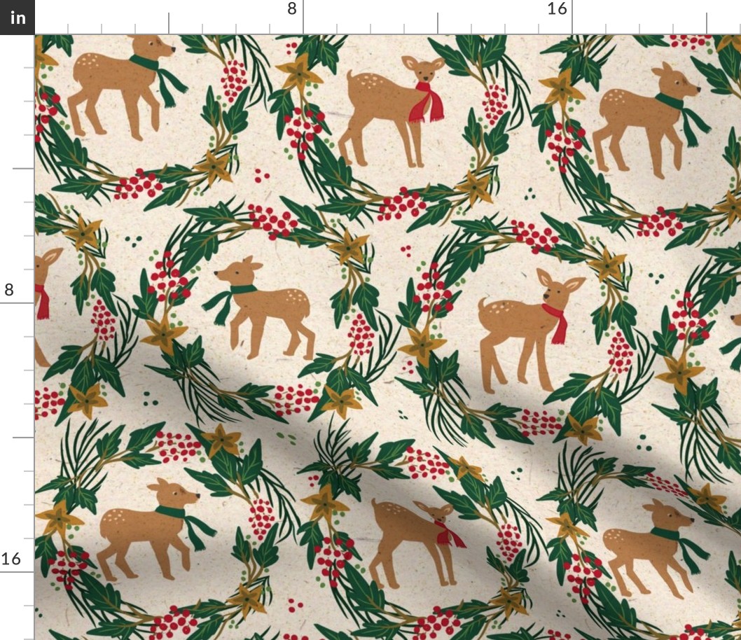 Woodland animals deer Christmas  on beige background with wreath berries