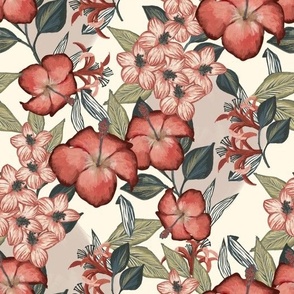 MEDIUM boho tropical hibiscus fabric - vintage style fabric