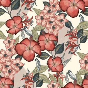 JUMBO boho tropical hibiscus fabric - vintage style fabric