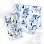 Medium Scale A Winter Stroll Through Colonial Williamsburg Folk Toile Blue