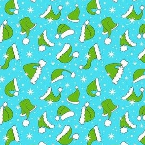 Small Scale Green Santa Hats and Snowflakes on Blue