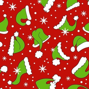 Large Scale Green Santa Hats and Snowflakes on Red