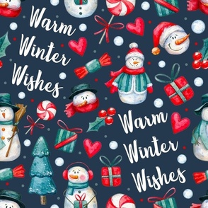 Large Scale Warm Winter Wishes Snowman Scatter on Navy