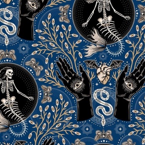 Phantasmagoria - Mermaid skeleton, hands, eyes, snake, scary plants and moths - large - prussian blue