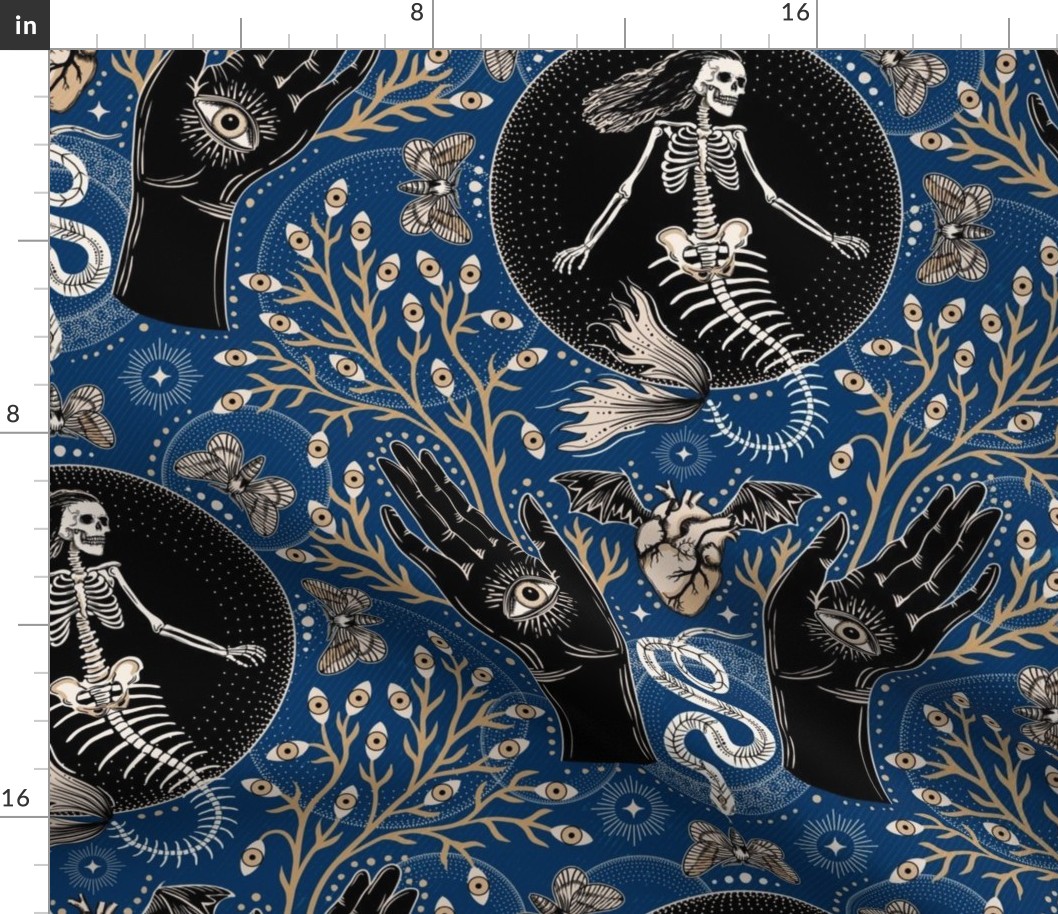 Phantasmagoria - Mermaid skeleton, hands, eyes, snake, scary plants and moths - large - prussian blue