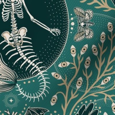 Phantasmagoria - Mermaid skeleton, hands, eyes, snake, scary plants and moths - large - green