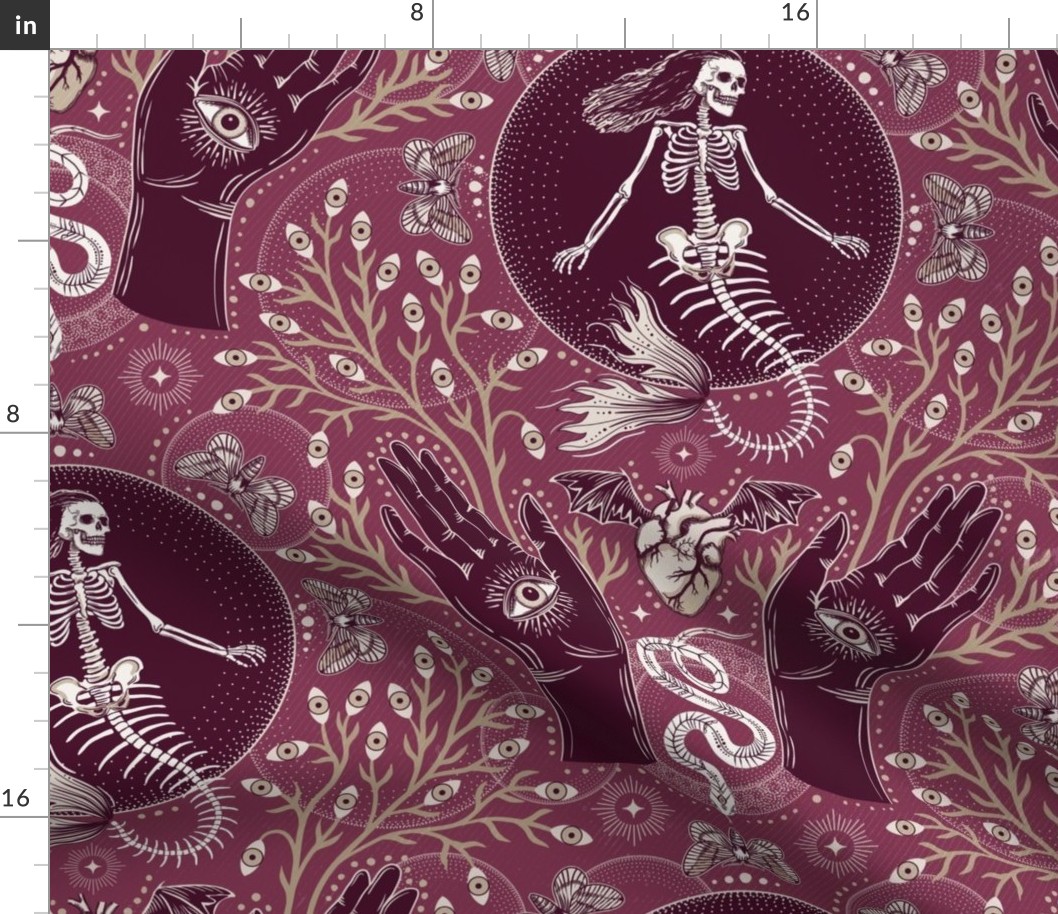 Phantasmagoria - Mermaid skeleton, hands, eyes, snake, scary plants and moths - large - cranberry pink
