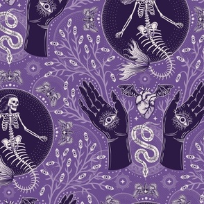 Phantasmagoria - Mermaid skeleton, hands, eyes, snake, scary plants and moths - large - lavender purple