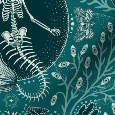 Phantasmagoria - Mermaid skeleton, hands, eyes, snake, scary plants and moths - large - teal