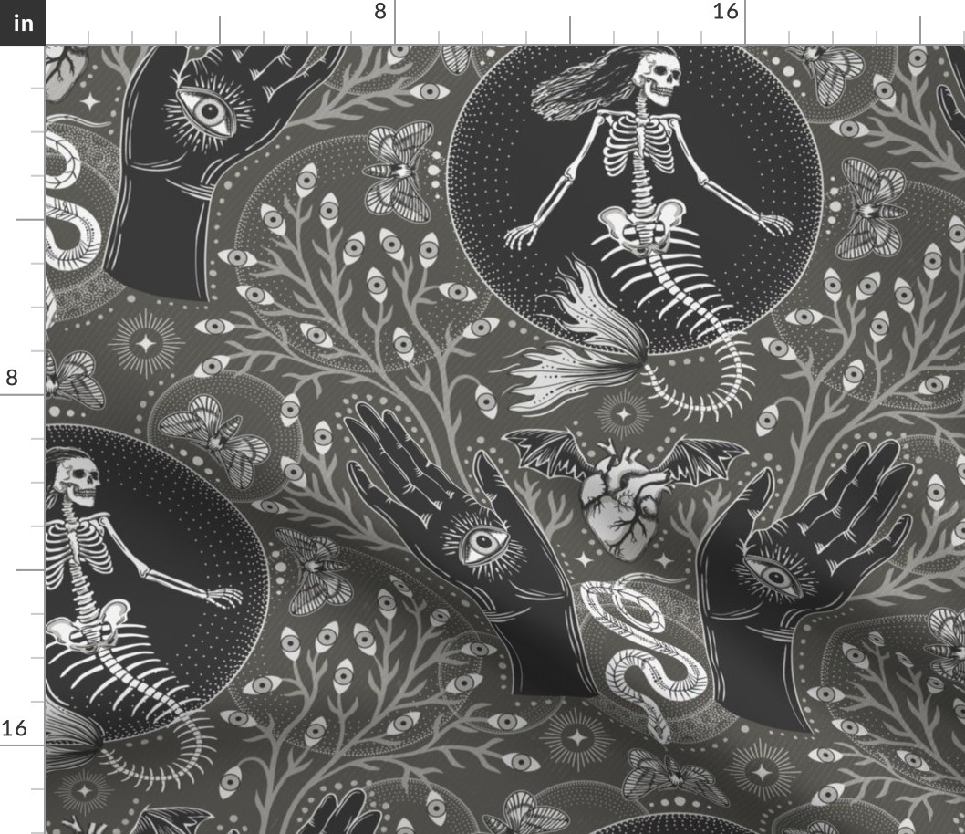 Phantasmagoria - Mermaid skeleton, hands, eyes, snake, scary plants and moths - large - pewter grey