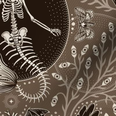 Phantasmagoria - Mermaid skeleton, hands, eyes, snake, scary plants and moths - large - sepia brown